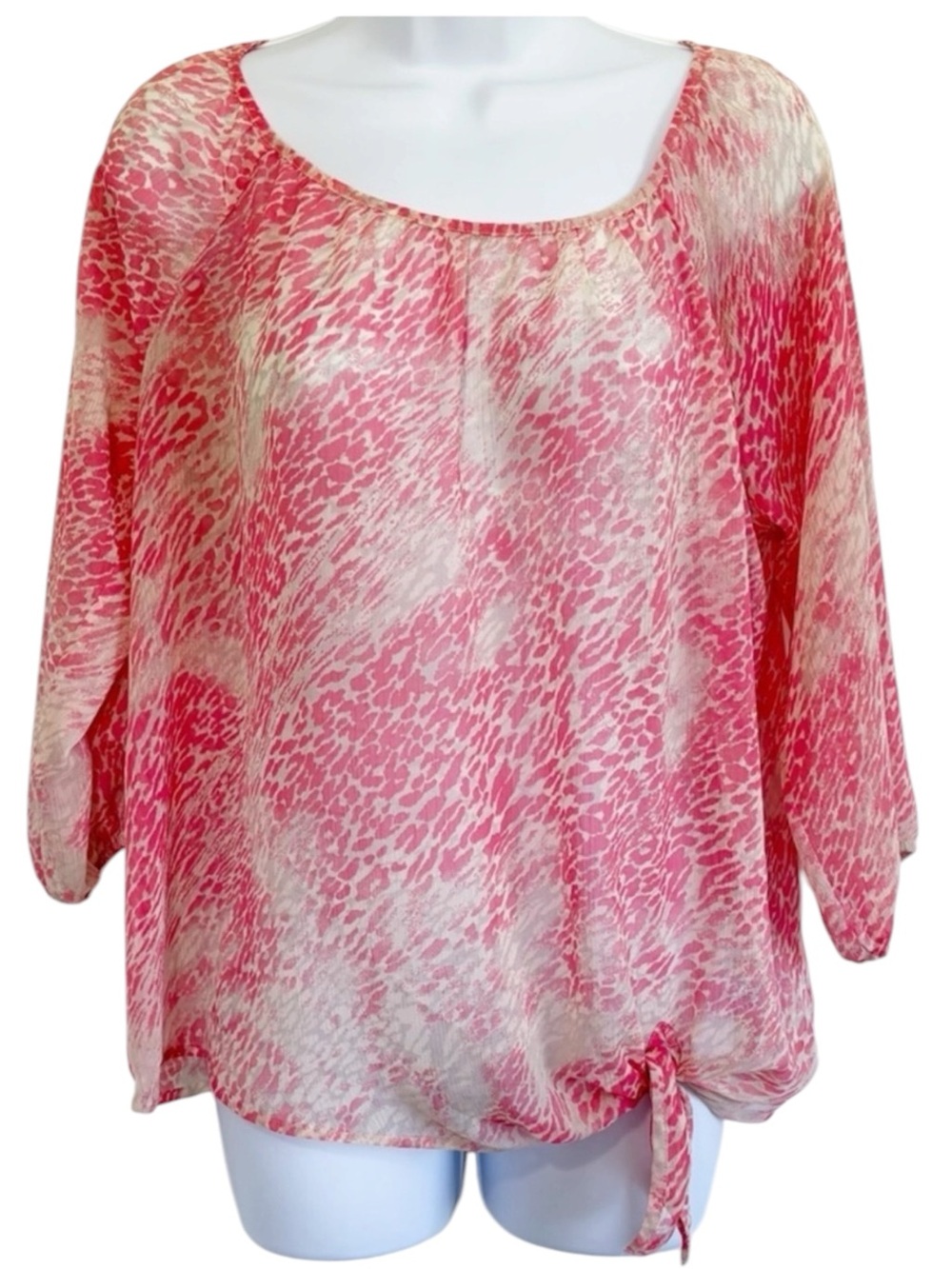 EXPRESS Pink White Leopard Print Sheer Blouse Small Tie Front 3/4 Sleeve Top Y2K